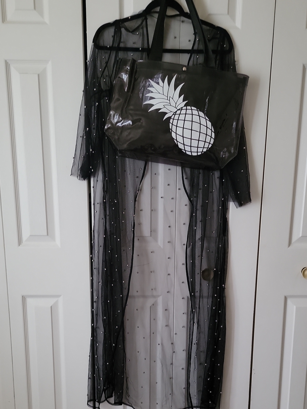 Sheer Black Beaded Duster with Pineapple Tote